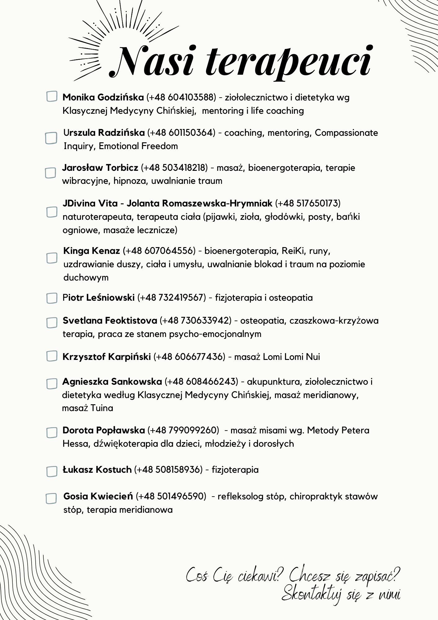 Lista terapeutów przyjmujących regularnie w My Meditation Space